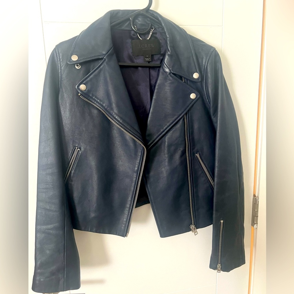 J Crew Signature Navy Leather Jacket Size 6